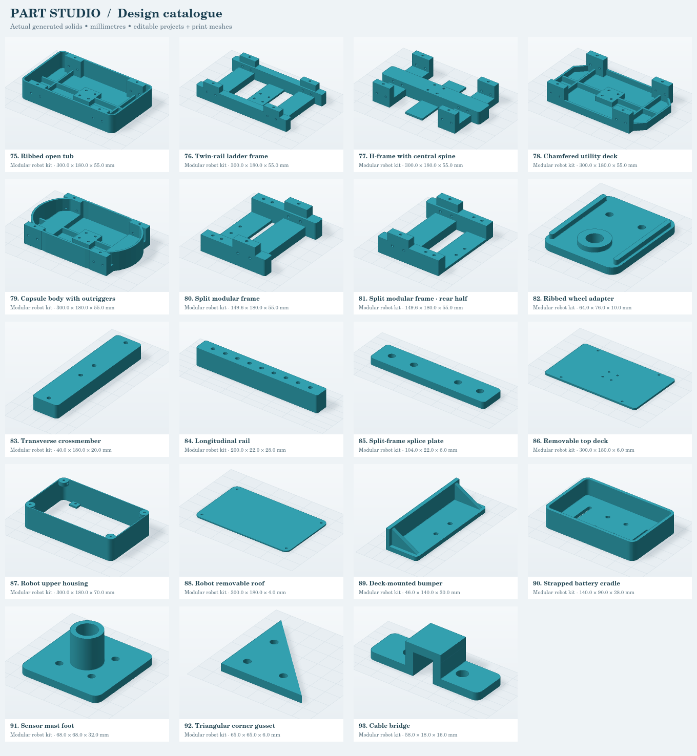Actual 3D meshes for all nineteen mobile robot kit templates