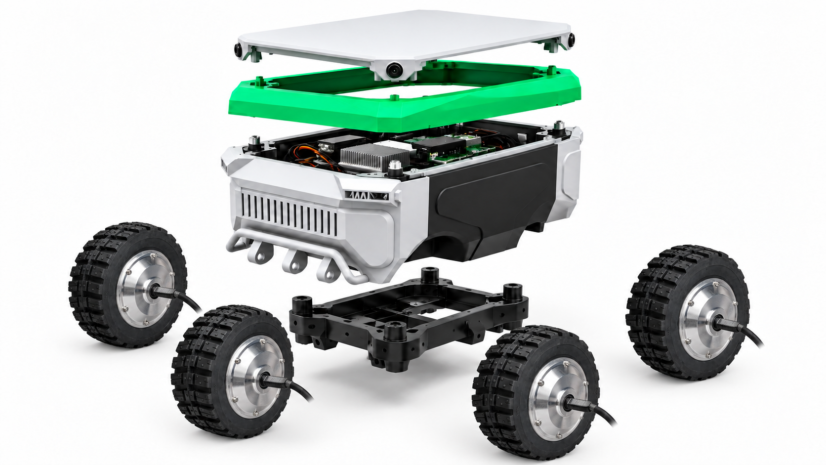 Exploded view of the Autonomous Agricultural Robot showing chassis, wheels, housing, and top cover