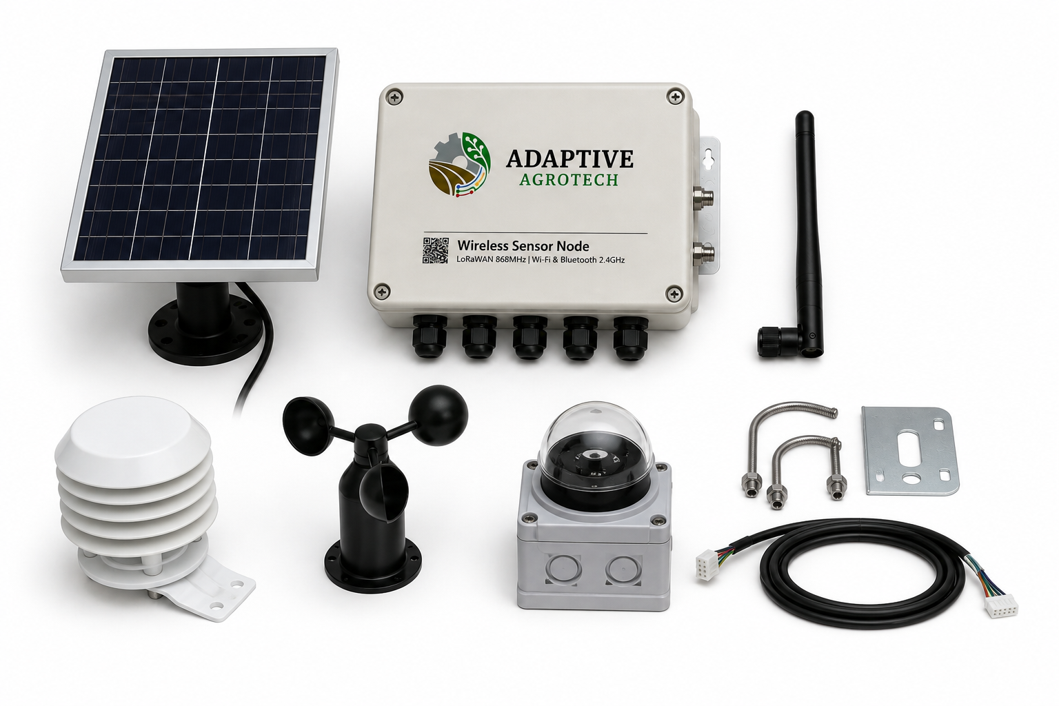Rugged Wireless LoRaWAN Sensor Node with solar power, antenna and mounting hardware.