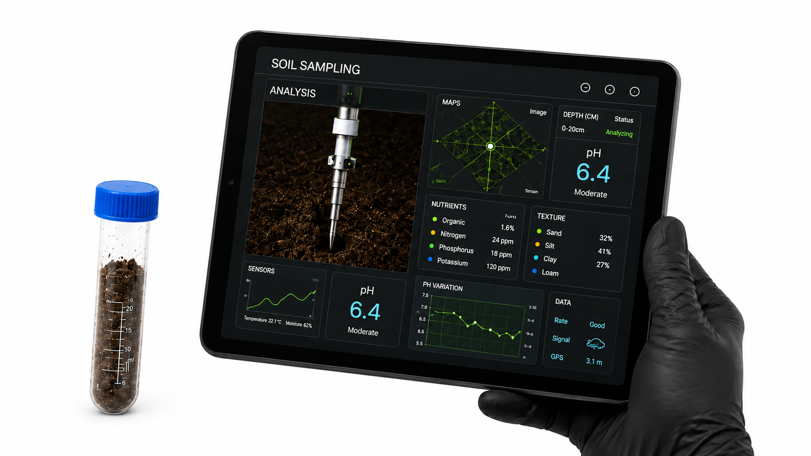 FieldScout digital soil analysis dashboard displaying soil sampling data, nutrient information, maps, and sensor measurements