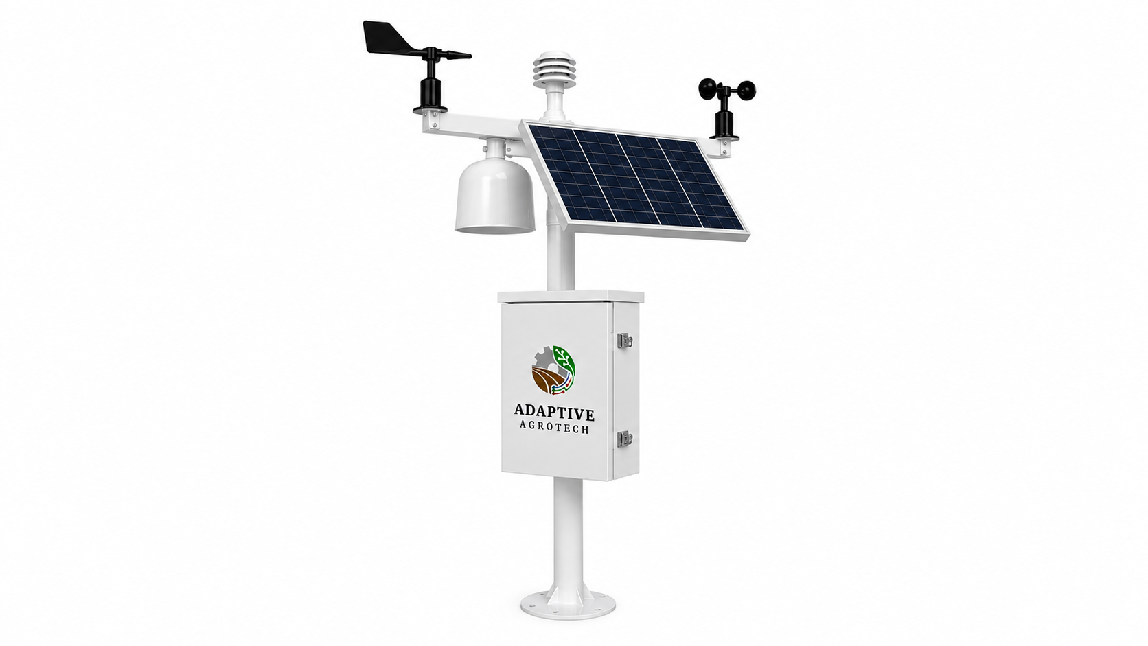 Adaptive Agrotech Field Weather Station shown from an angled rear-side view with solar panel, weather sensors and outdoor enclosure.