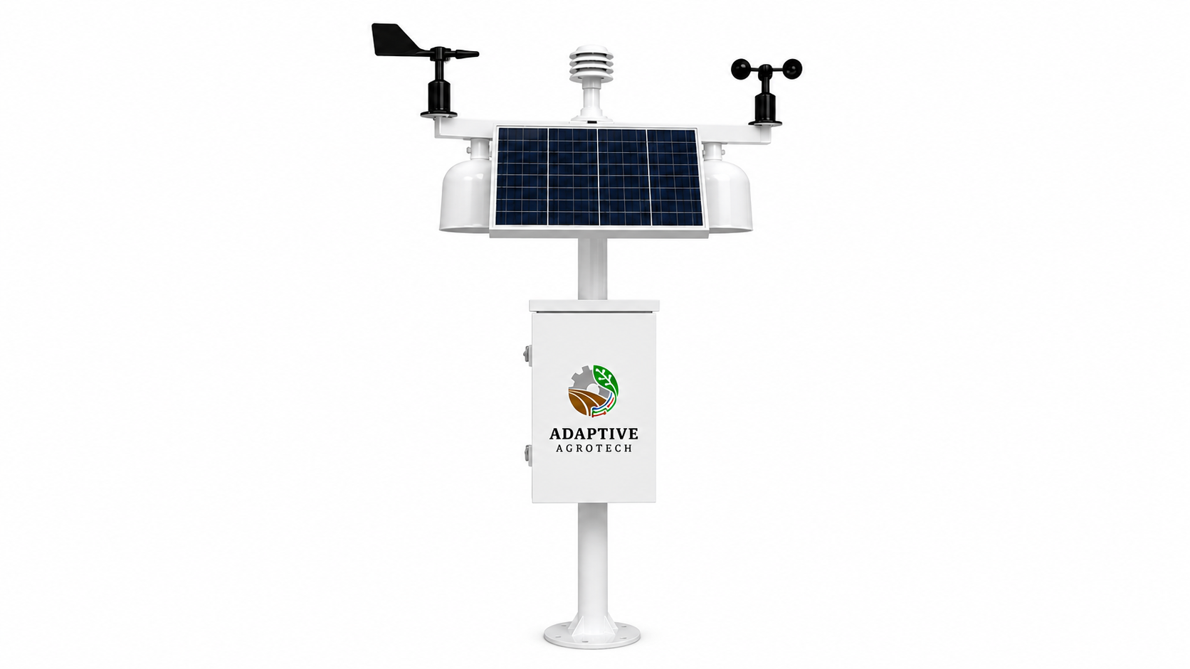 Adaptive Agrotech Field Weather Station shown from the front, featuring solar power, weather sensors and LoRaWAN connectivity.