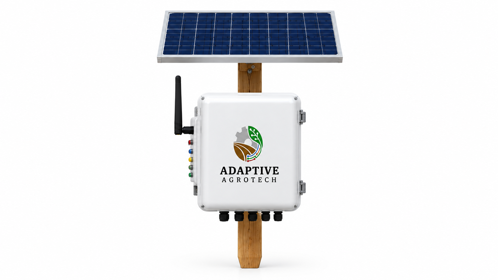 Front view of Adaptive Agrotech solar-powered agricultural IoT sensor node with solar panel and antenna
