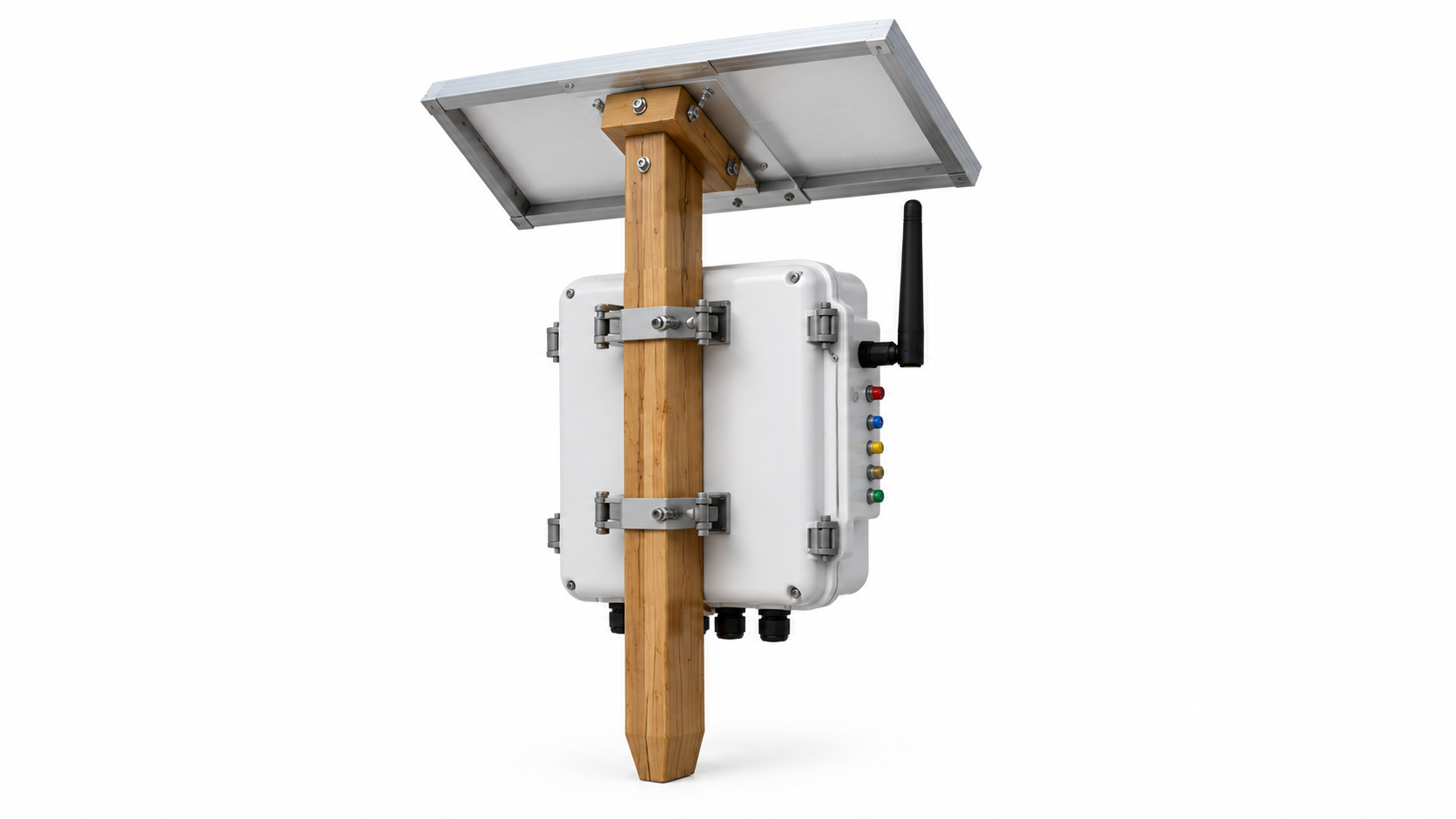 Rear view of Adaptive Agrotech solar-powered LoRaWAN sensor node showing enclosure mounting and solar panel