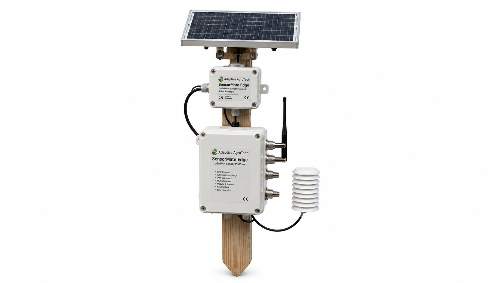 Adaptive Agrotech SensorMate Edge LoRaWAN wireless sensor platform, angled view