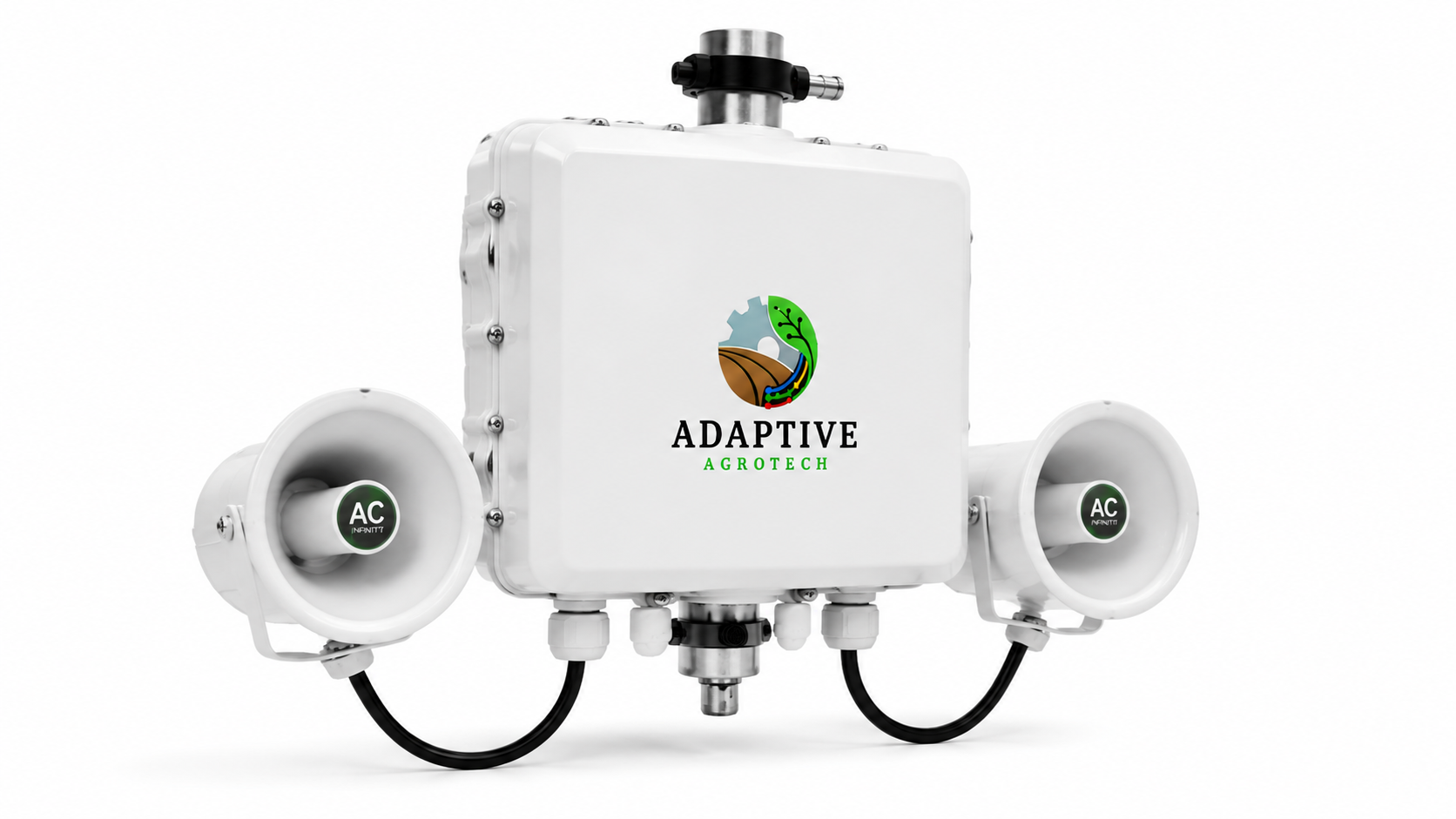 Adaptive Agrotech Microclimate-Orchard sensor unit installed with dual environmental sensing modules and rugged outdoor enclosure.