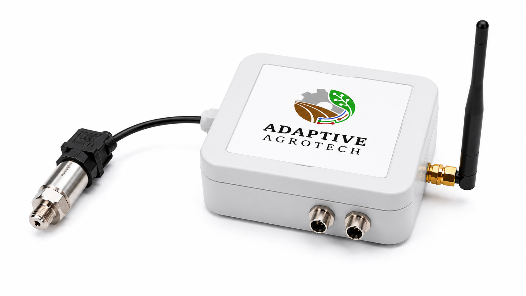 Adaptive Agrotech Pressure Sensor viewed from an angled perspective with pressure probe and antenna