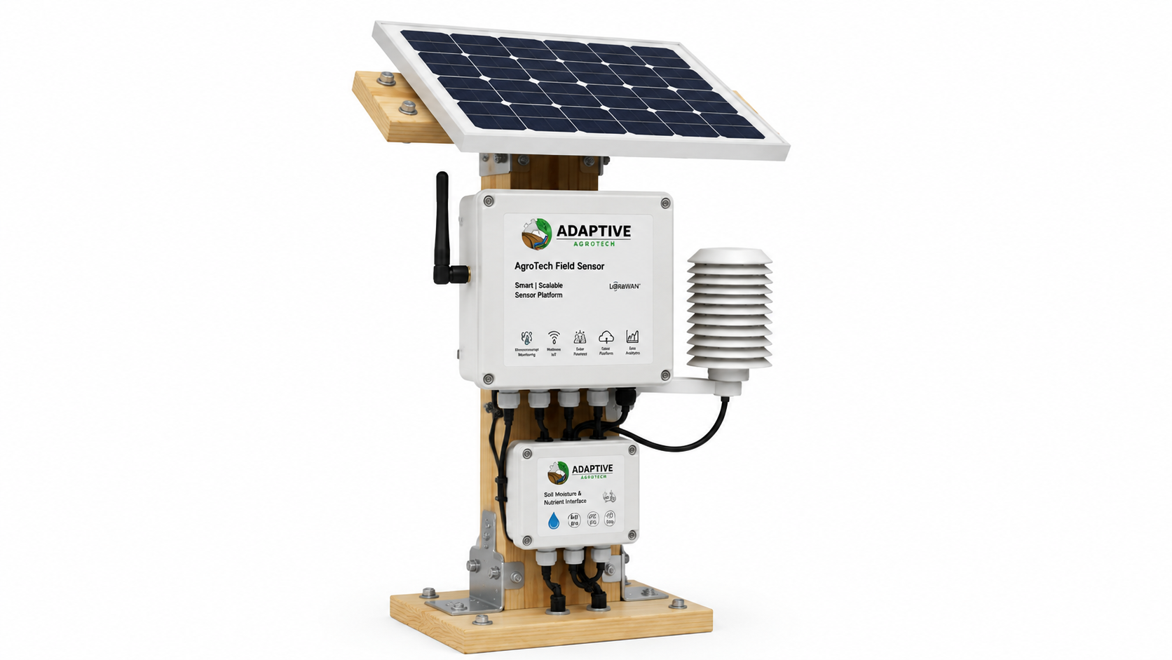 AgroTech Field Sensor three-quarter view showing solar panel, LoRaWAN enclosure, antenna, radiation shield and modular agricultural sensor system.