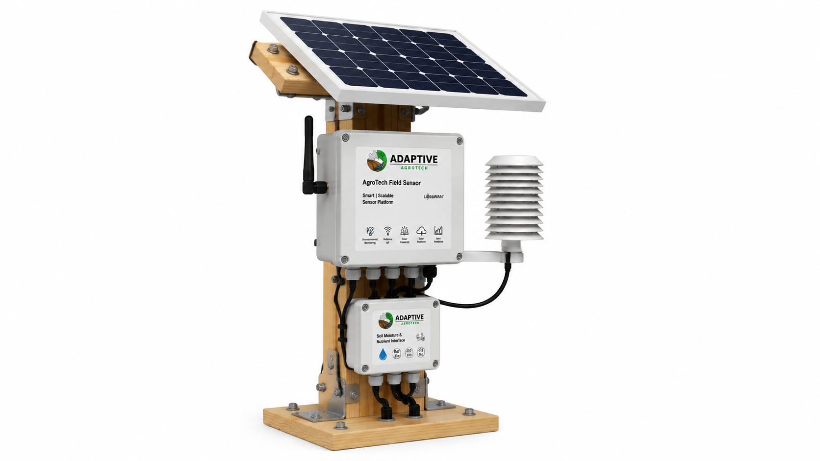 Rear view of AgroTech Field Sensor showing mounting structure, cable routing, brackets and outdoor installation components.