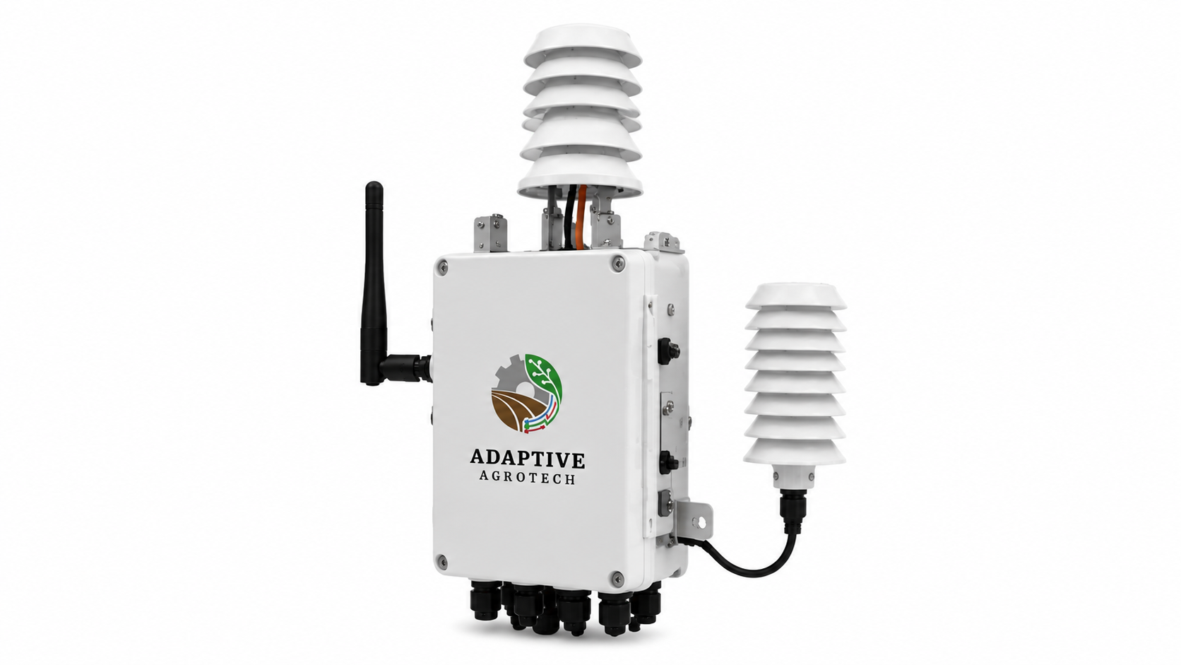 Adaptive Agrotech Multi-Channel LoRa/WiFi Transmitter three-quarter view showing modular enclosure, antenna, sensor connectors and outdoor design.