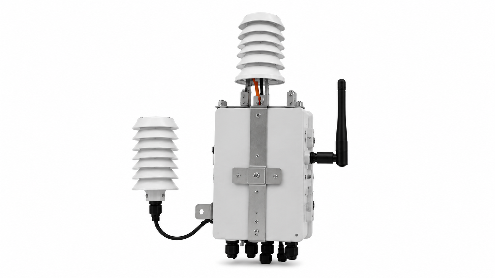 Rear view of Adaptive Agrotech Multi-Channel LoRa/WiFi Transmitter showing mounting bracket, enclosure structure and cable connections.