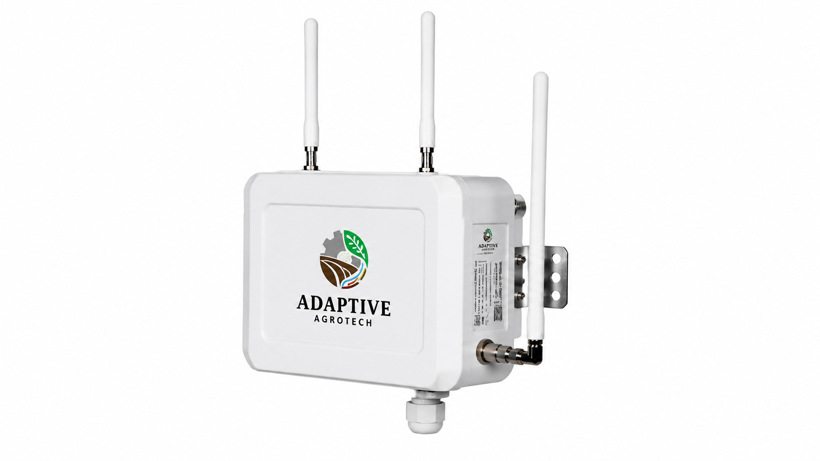 Adaptive Agrotech LoRaWAN Gateway enclosure showing antennas, mounting bracket and industrial outdoor design