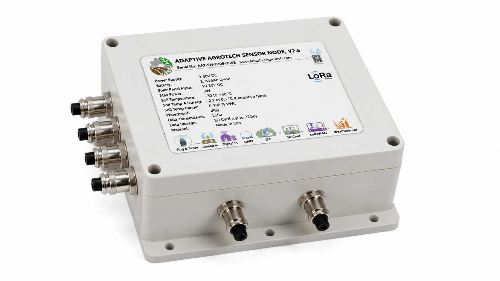 Adaptive Agrotech Multi-channel Data Logger showing side sensor connectors and rugged waterproof enclosure