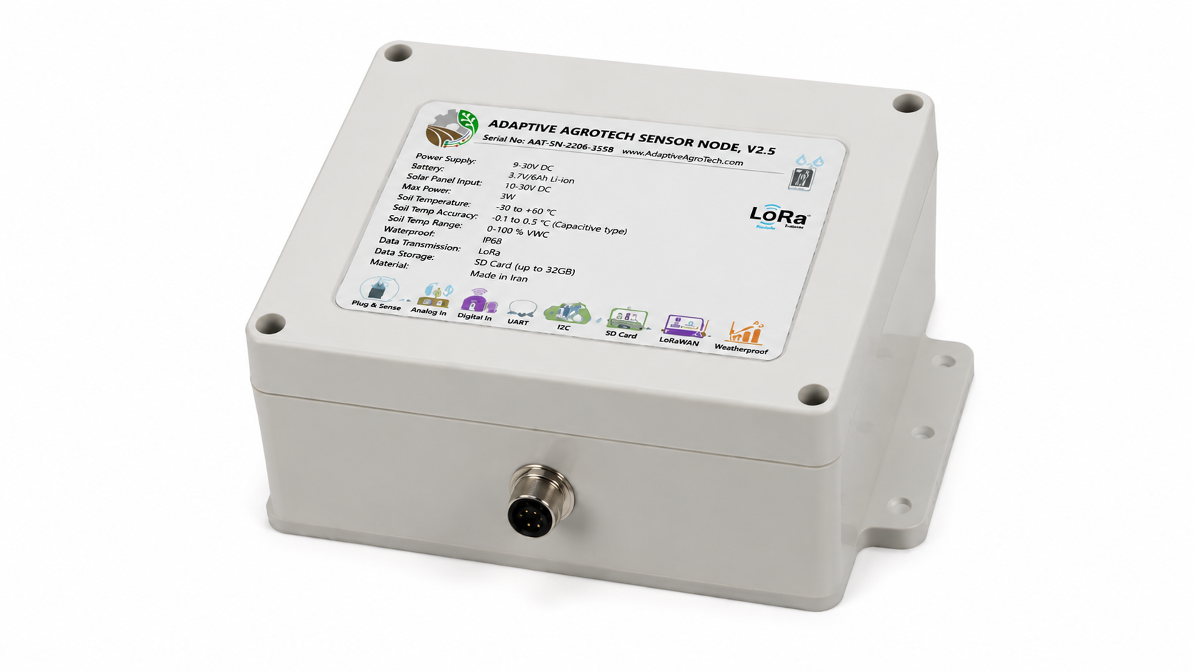 Adaptive Agrotech Multi-channel Data Logger rear view with mounting flange and industrial sensor housing