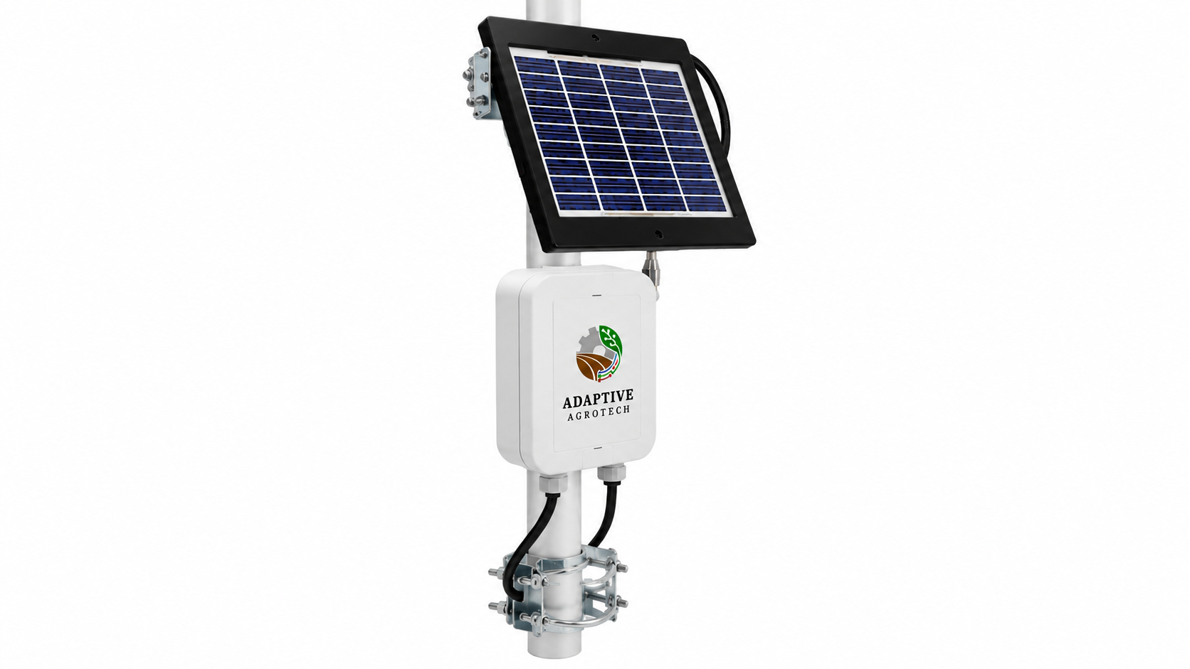 Three-quarter view of Adaptive AgroTech Solar Charging Kit showing solar panel angle, enclosure, mounting bracket, cables and hardware details.