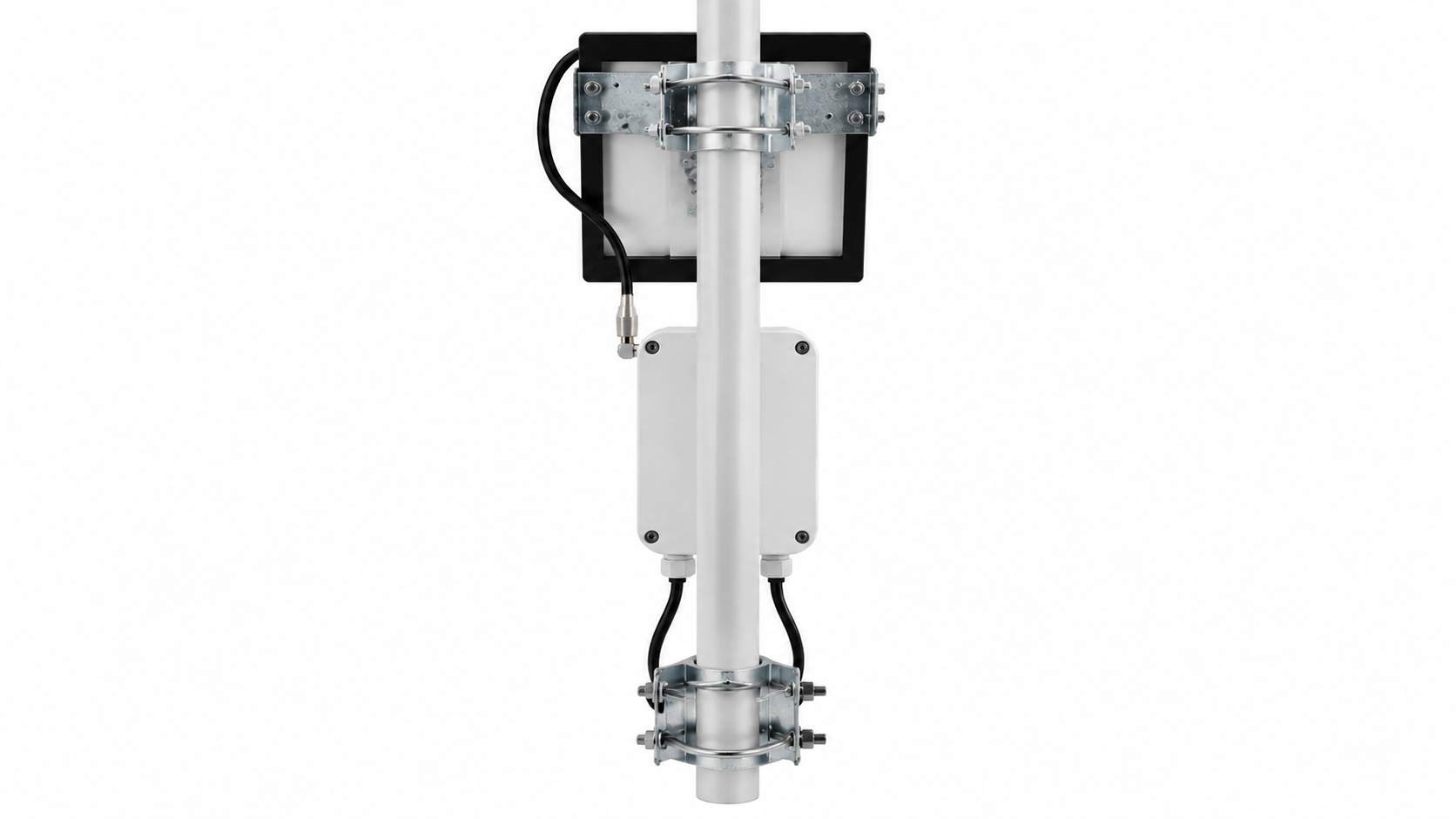 Rear view of Adaptive AgroTech Solar Charging Kit showing rear mounting bracket, pole clamp, solar panel support structure and cable routing.