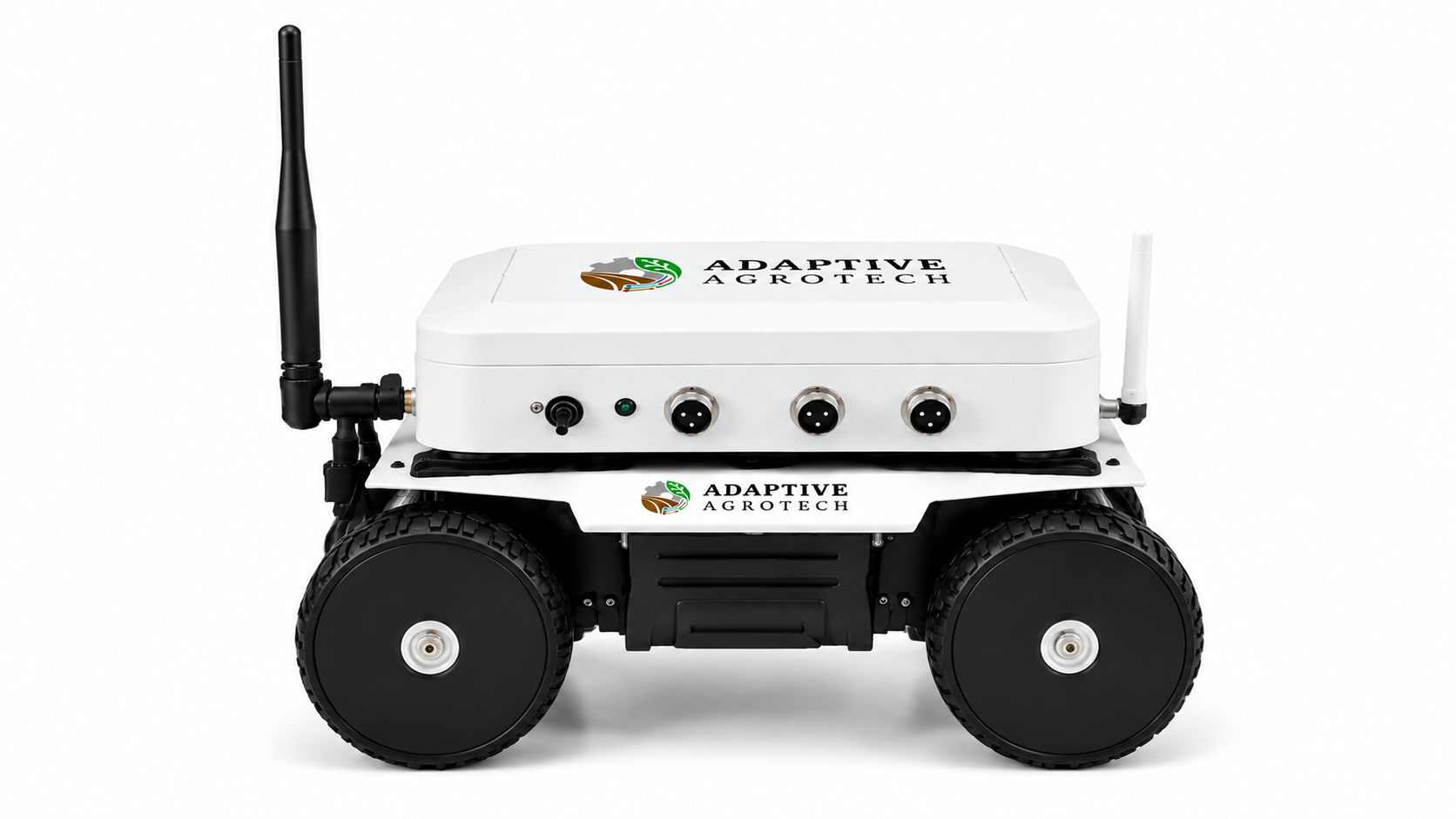 Side view of Sensor Mate Rover mobile agricultural sensing robot showing wheels, antennas and sensor enclosure