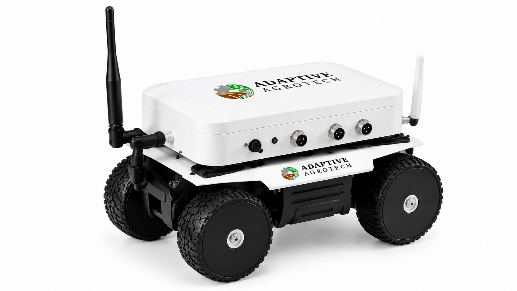Three-quarter view of Sensor Mate Rover autonomous field monitoring robot with Adaptive AgroTech enclosure